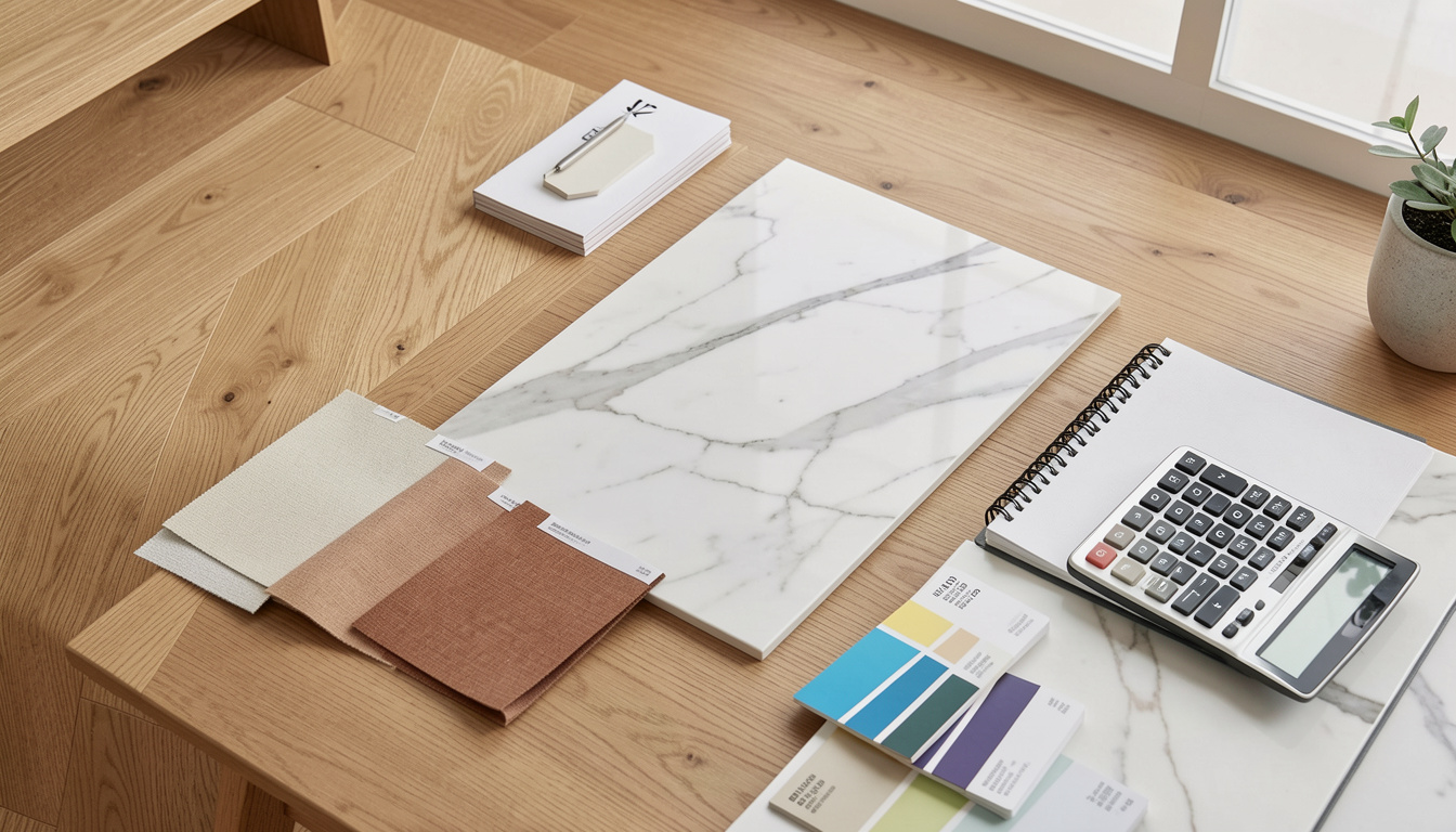 Interior design moodboard with colors, materials, textures and inspiration references